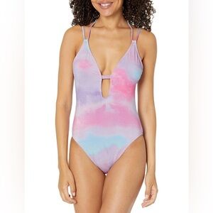 BCBGeneration Cloud Nine Keyhole One-Piece Swimsuit in Pink Blue Cloud, Medium